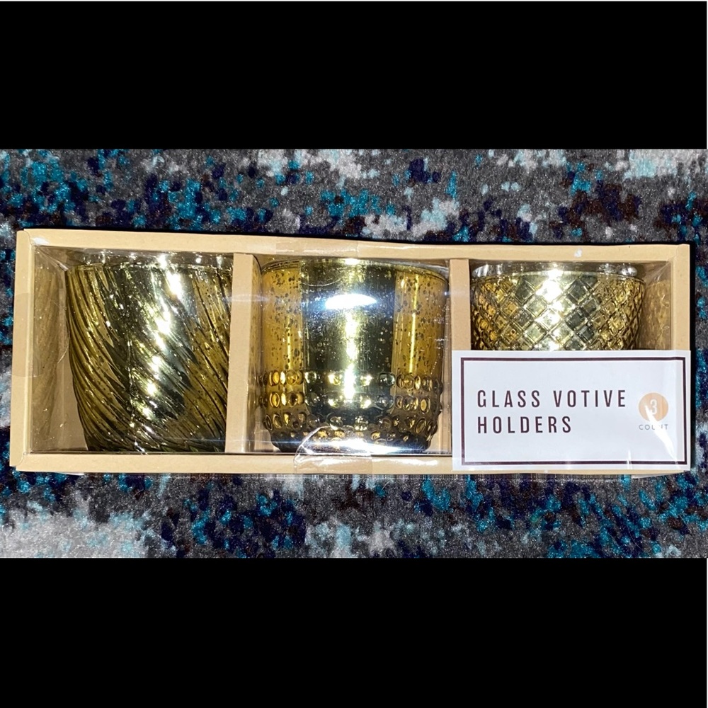 Set of 3 Decorative Gold Colored Distressed Glass Votive Candle Holders